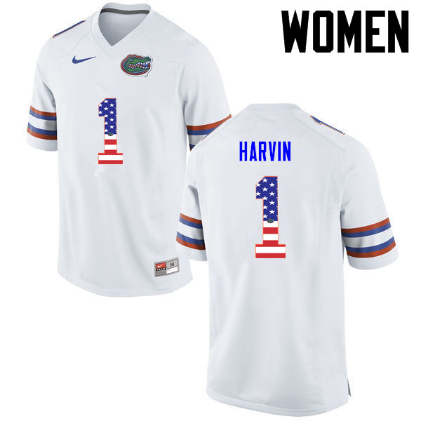 Women Florida Gators #1 Percy Harvin College Football USA Flag Fashion Jerseys-White - Click Image to Close